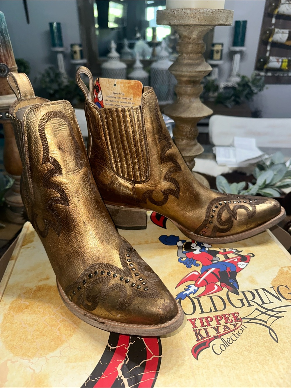 Old Gringo Golden Metallic Western Ankle Boots with Stud Detail